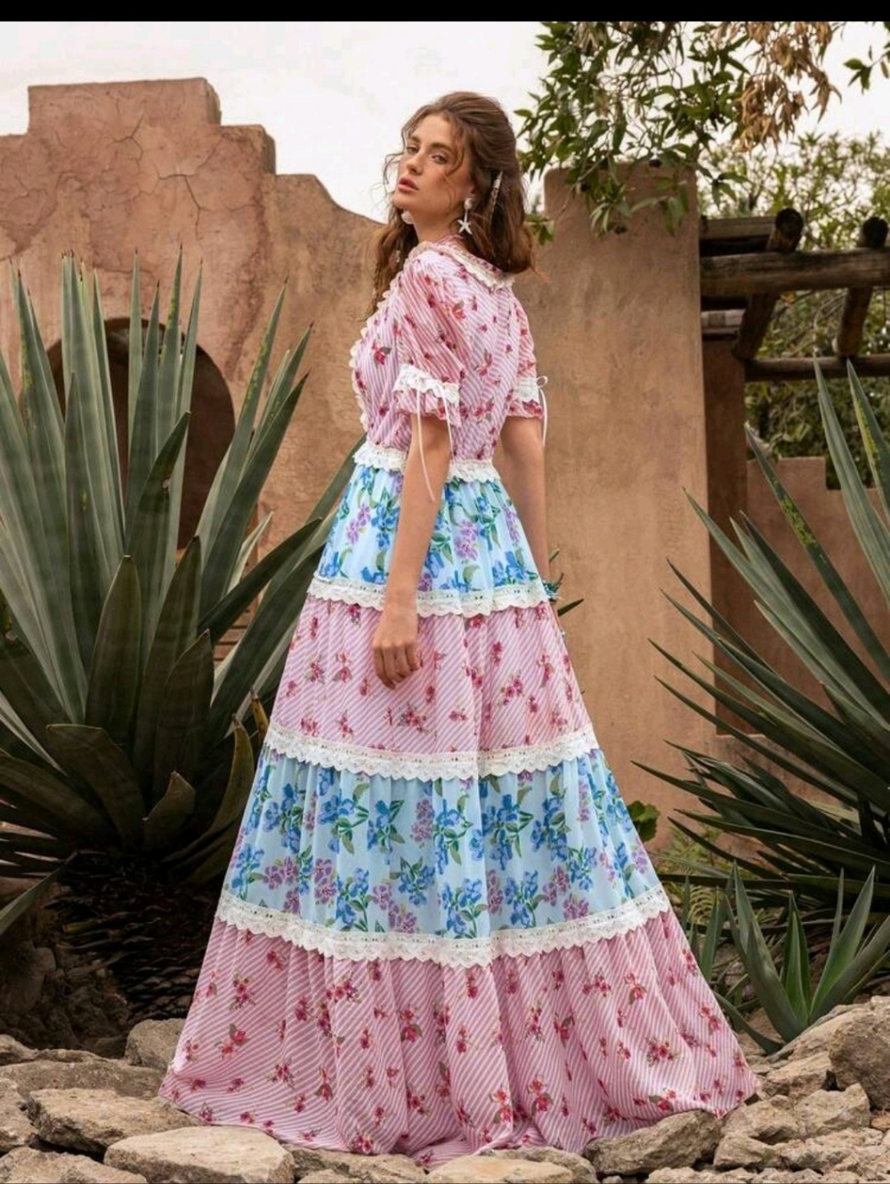 Floral Tiered Maxi Dress in Pink and Blue - Picture 5 of 16